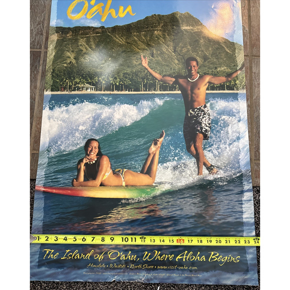 O'ahu Hawaii Island Travel Poster Vintage Surfing Ocean Volcano Tropical 36" EUC - Picture 9 of 11